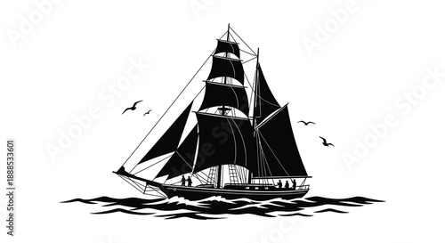 A striking black silhouette of a three masted sailing ship on a wavy sea with flying birds a nautical scene silhouette