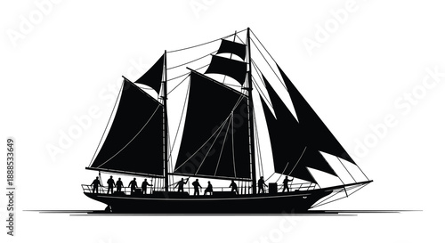 A striking black silhouette of a vintage sailing ship with figures on deck evoking a sense of maritime history silhouette