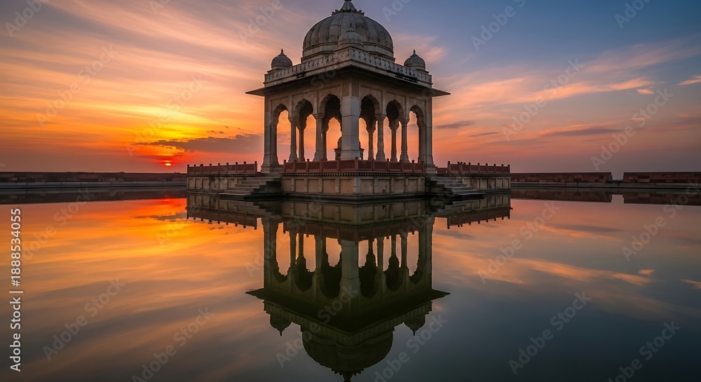 Obraz premium Ornate Indian Pavilion Surrounded by Calm Water at Sunset