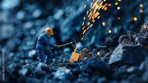 Mining the Depths: A lone worker in a helmet tirelessly extracts resources from the earth, sparks dancing as the pickaxe strikes, illustrating the grit of industry. 