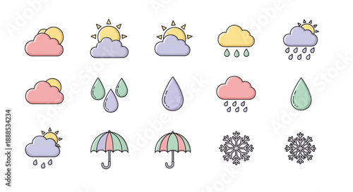 Weather icons set illustrating sun cloud rain and seasonal elements