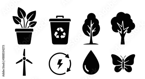 Black Silhouette Ecology and Sustainability Icons Set