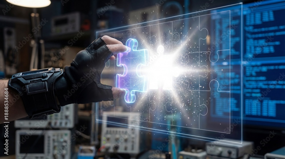 Fototapeta premium Innovative technology concept with glowing puzzle piece in lab