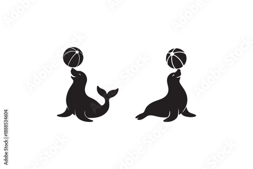 Playful sea lion silhouettes balancing balls on noses isolated on white background for circus theme