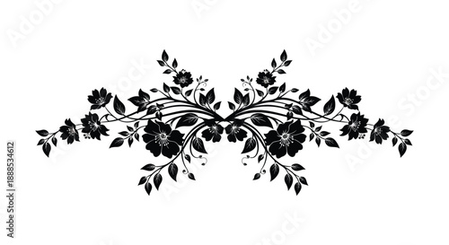 An elegant floral arrangement featuring swirling vines delicate leaves and blossoming flowers presented as a silhouette high quality professional detailed modern