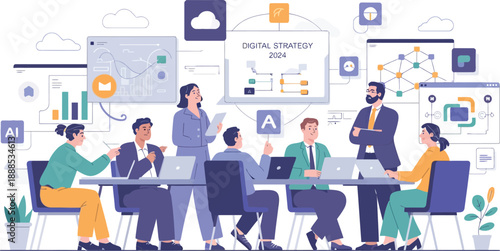 A diverse group of business professionals collaborating around a table with laptops and various digital elements and graphs in the background.