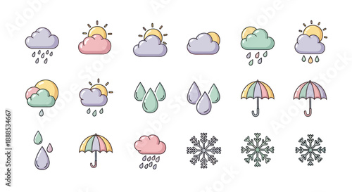 Weather icons set illustrating sun rain clouds and protective umbrellas