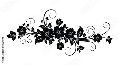 Elegant floral arrangement featuring dark blossoms swirling vines and delicate leaves rendered as a striking silhouette high quality professional detailed modern
