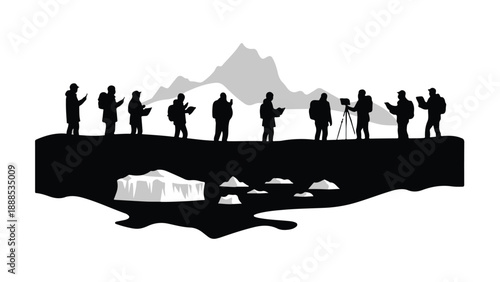 Group of explorers silhouetted against icy landscape and mountains, capturing nature's beauty.