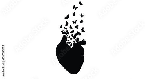 A broken heart releasing birds in a striking black silhouette