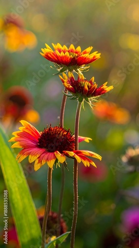 Bright red and yellow wildflowers bask in the warm, diffused sunlight