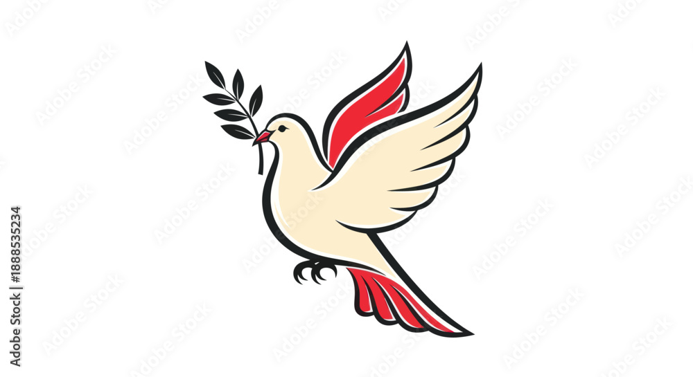 Fototapeta premium Flying dove carrying olive branch symbol of peace and hope isolated