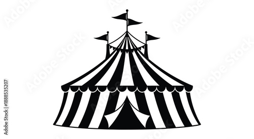 A striking black and white illustration of a classic big top circus tent rendered as a silhouette high quality professional detailed