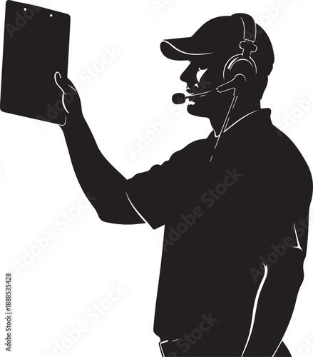 Silhouette of a professional sports coach wearing a headset and holding a clipboard for strategy , Generative Ai