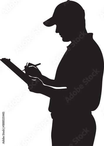 Silhouette of a sports coach in a baseball cap writing on a clipboard during a game , Generative Ai