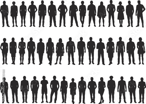 Vector silhouettes of large group of diverse people standing together, men and women in casual clothing for community and business.