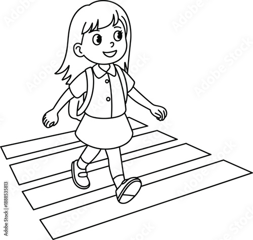 Black and white line art illustration of a young school girl with a backpack happily walking across a zebra crossing for kids education