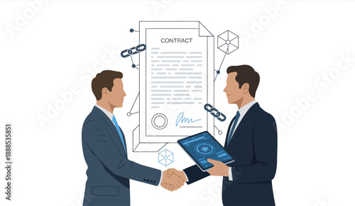 Two businessmen in suits shaking hands and exchanging documents with a contract and chain icons in the background isolated on white background.