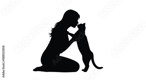 Woman kneeling and gently interacting with a cat black silhouette