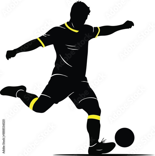 Silhouette of a professional soccer player kicking the ball with yellow uniform details , Generative Ai