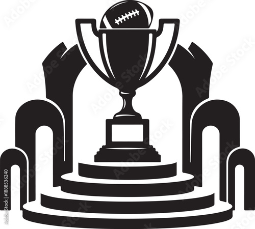 American football trophy on a multi-tiered pedestal silhouette for major league victory event , Generative Ai