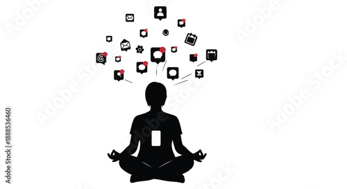 Silhouette of person meditating with digital notifications flowing from mind