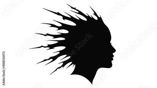 Silhouette of a woman's head with hair transforming into abstract shapes, symbolizing transformation or creative thought.