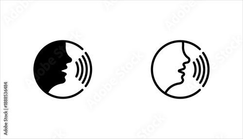 Voice control icon set. Human head with sound waves, representing communication and speaking
