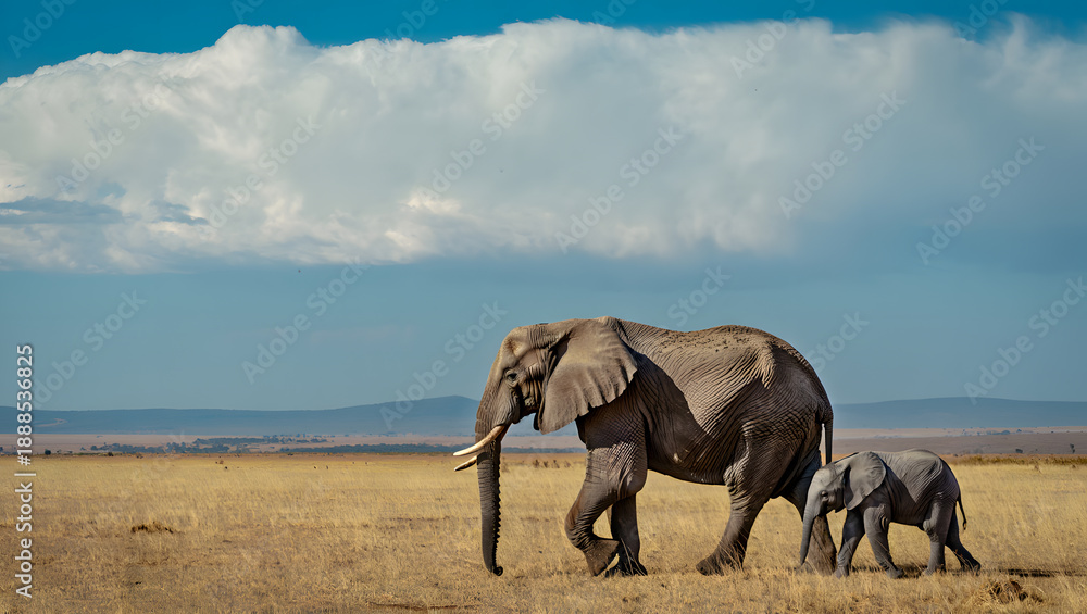 Fototapeta premium A magnificent adult African elephant and her small calf walk side-by-side across a vast, dry savanna under a bright blue sky.
