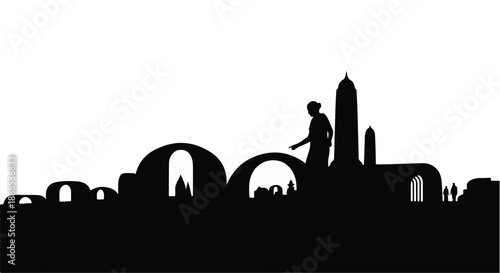 Silhouette of a futuristic cityscape with unique architectural designs and a lone figure observing the horizon.