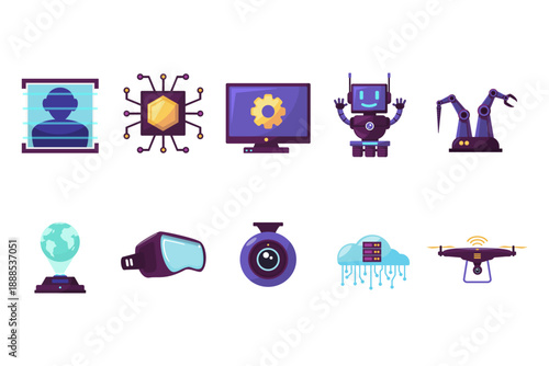 Flat technology vector illustration set featuring face scanning, microchip, computer, robot, CNC machine, VR, CCTV, and drone. Editable modern tech design for AI, security, industry, web, and digital