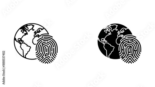 Fingerprint overlaid on a world map, signifying global identity, personal data, security, and international connection. Outline and silhouette.