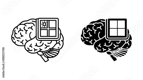 Brain with a window showing sunny sky, symbolizing clarity, optimism, open-mindedness, or a bright outlook.