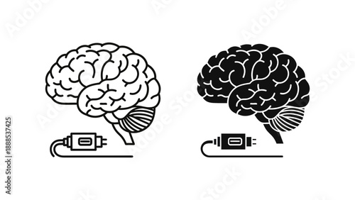 Brain connected to a power plug, symbolizing human intelligence, activation, learning, memory, or connecting ideas. Modern vector graphic.