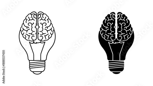 Lightbulb with brain inside, a powerful symbol for innovation, bright ideas, human intelligence, and creative thought processes. Minimalist vector.