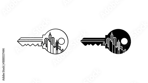 Key icon with cityscape silhouette inside, symbolizing real estate, property, or access to urban opportunities and opportunities. Modern vector art.