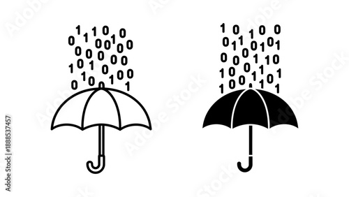 Binary code raining under an umbrella, symbolizing data protection, cybersecurity, digital privacy, or managing information flow. Minimalist icon.