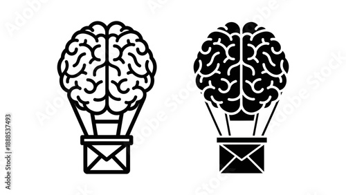 Brain as a hot air balloon carrying a message envelope, symbolizing ideas taking flight, communication, and exploration of thoughts