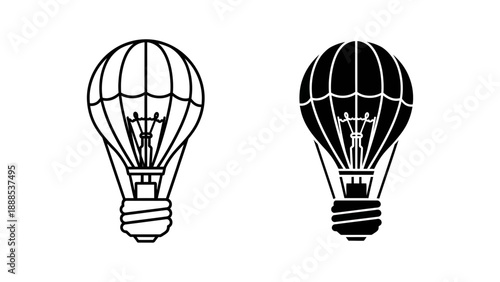 Hot air balloon shaped like a light bulb, representing innovation, ideas, inspiration, and bright thinking. Outline and solid black.