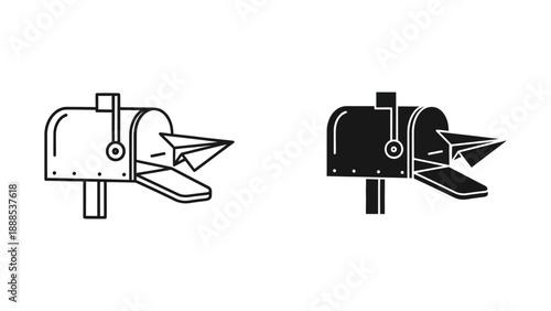 Mailbox with a paper airplane flying out, representing sending messages, communication, outbound mail, or quick delivery of ideas. Outline vector.