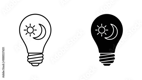 Light bulb with sun and moon, representing perpetual ideas, day and night cycles, and constant innovation.