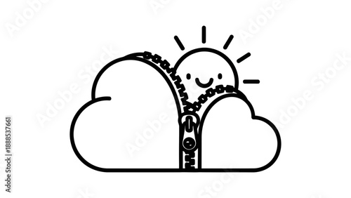 Cheerful sun peeking from behind a cloud with a zipper, representing a bright day after rain or good mood