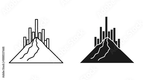 Mountain peak with abstract skyscraper-like structures, symbolizing ambition, reaching new heights, or urban development. Outline and silhouette.