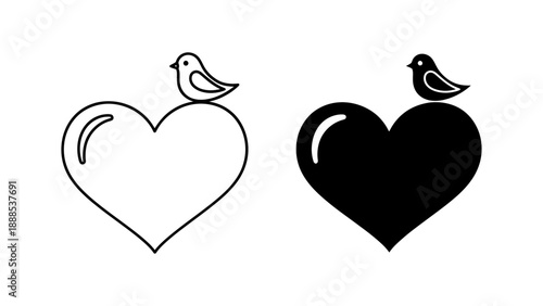 Small bird perched on a heart, symbolizing love, peace, or a message of affection in outline and silhouette