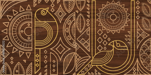 Engraved Brown Wood Texture Background with Golden Tribal Folk Art Bird and Sun Geometric Pattern