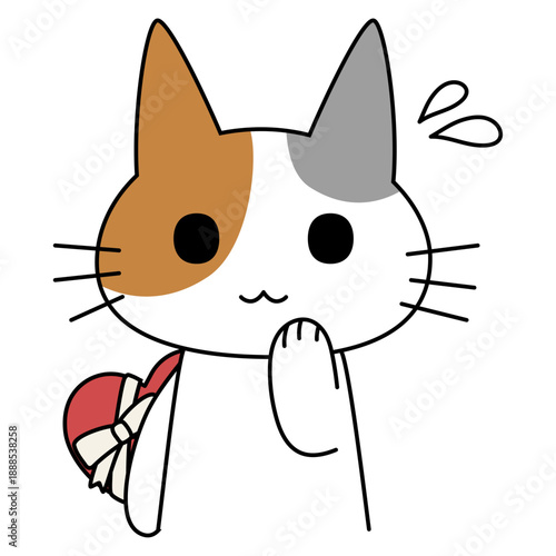 リボン付きハートを後ろに隠す三毛猫のバレンタインイラスト