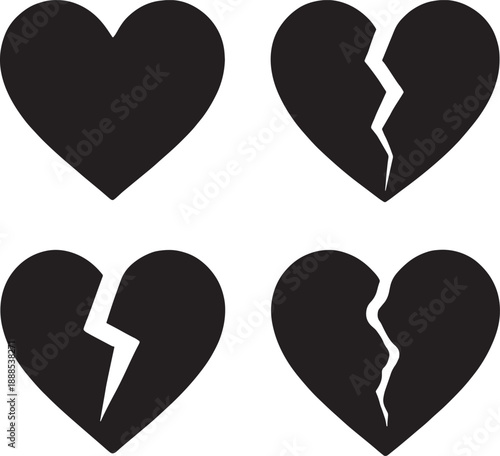 Black heart shapes with cracks and broken symbols  heartbreak icons
