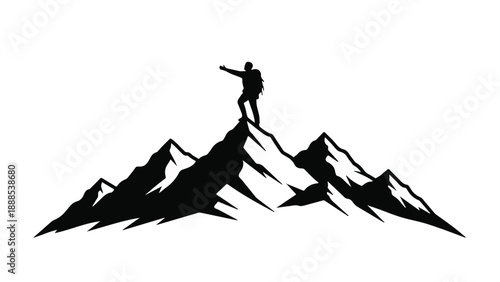 Silhouette of a triumphant hiker reaching the summit of a majestic mountain peak, celebrating achievement.