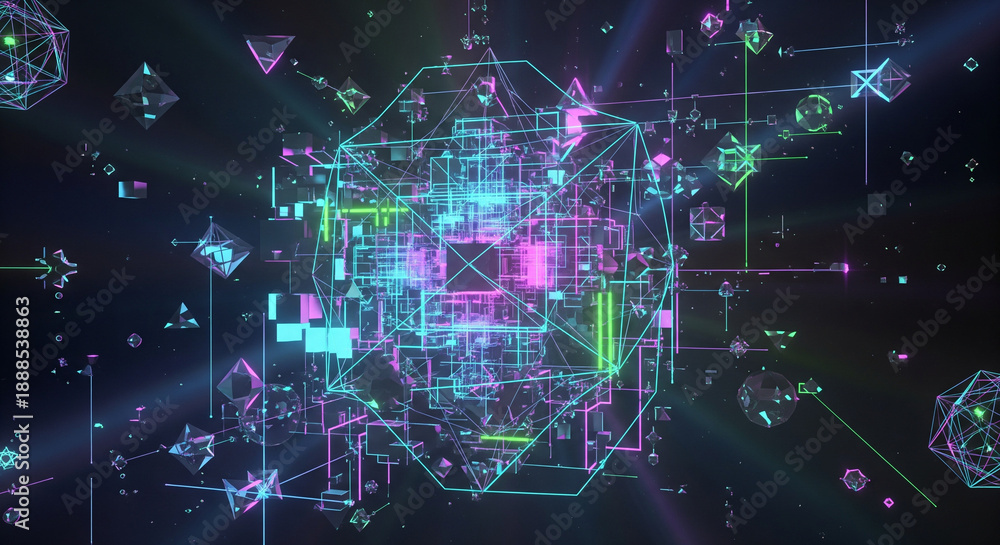 Obraz premium Abstract futuristic sci-fi background with neon glowing geometric shapes, wireframes, and data structures in a digital cyberspace network.