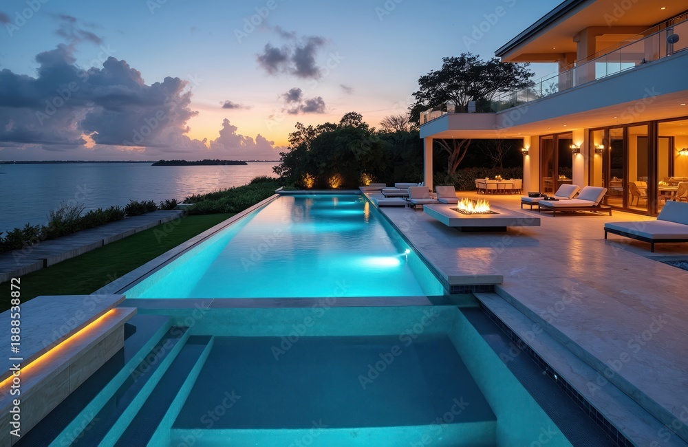Naklejka premium Luxury infinity pool with blue LED lights set on marble patio by calm lake at dusk. Modern estate features outdoor lounge, conversation fire pit, sunbeds, and waterfront view.